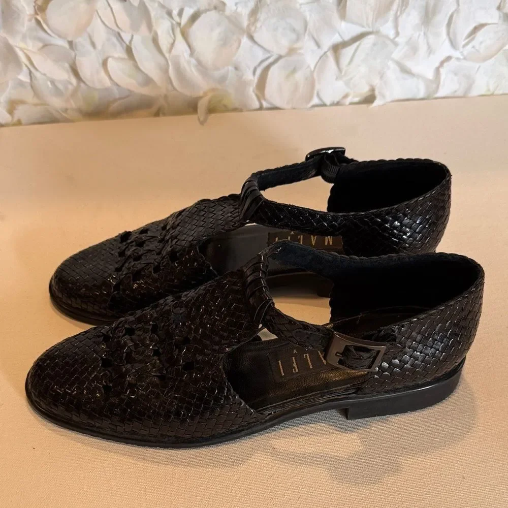 Amalfi Black Woven Leather Closed-Toe Flat with Ankle Strap